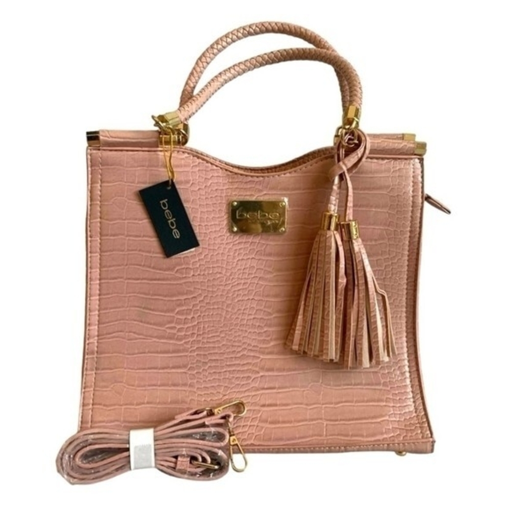 Bebe Natalie Dusty Pink Croco Faux Leather Satchel Tote Bag NWT - Picture 5 of 8